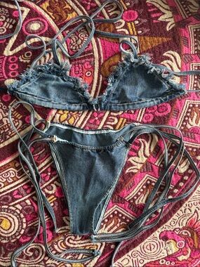 Fashion Nova Denim Blue Frayed String Bikini Set